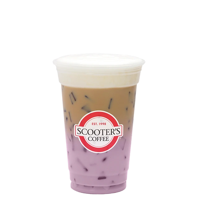 a CUP OF Iced Blackberry Velvet Macchiato OF SCOOTERS MENU